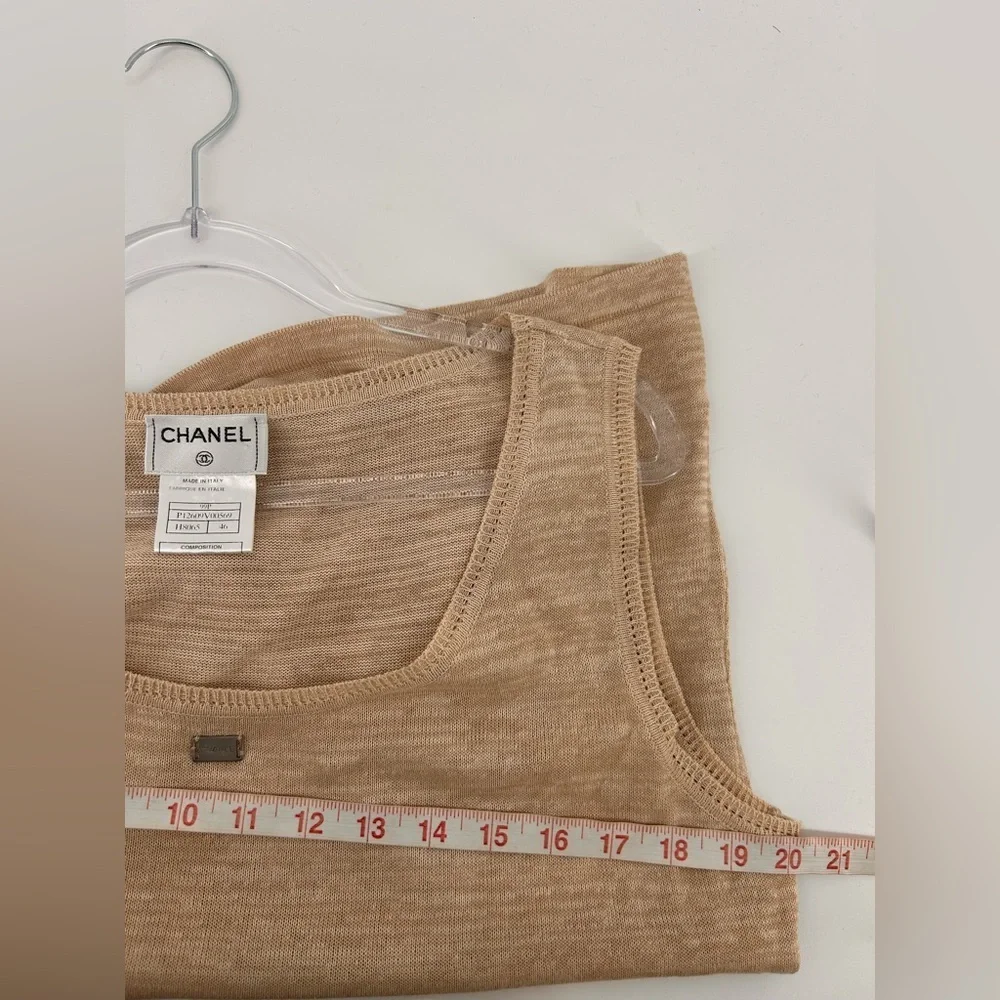 CHANEL Cardigan Twin Set 99P Beige Size 46 Tank Size 50 Cardigan Cotton